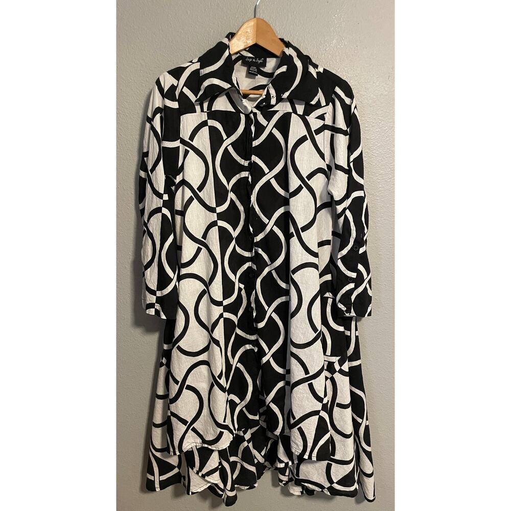 Step in Style Dress Womens Large Black White Abstract Print Button Up Artsy